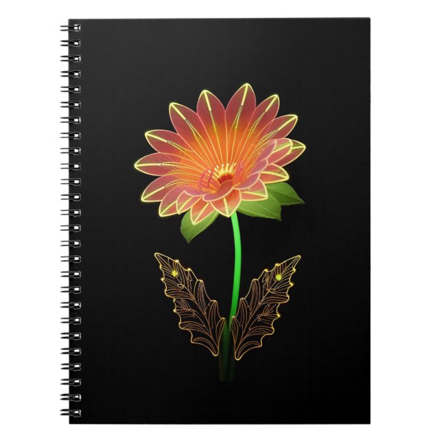 Vibrant Neon-Outlined Flower With Lush Green Leave Notebook (Front)
