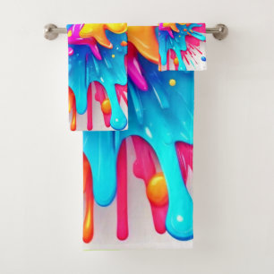 Vibrant Neon Paint Splash Art Bath Towel Set