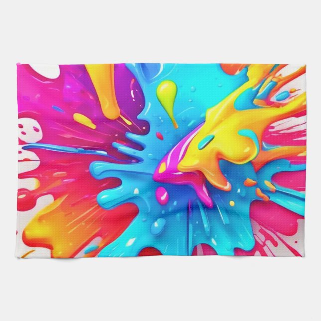 Vibrant Neon Paint Splash Art Tea Towel (Horizontal)