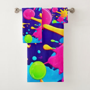 Vibrant Neon Paint Splatter Art Bath Towel Set