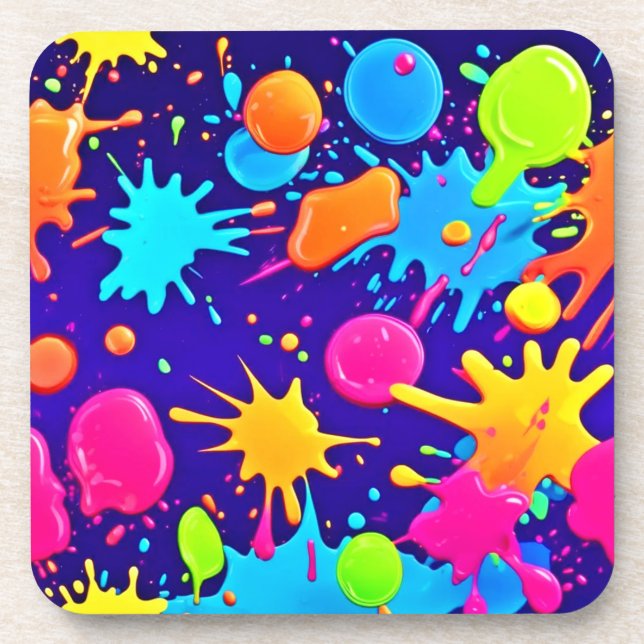 Vibrant Neon Paint Splatter Art Coaster (Front)