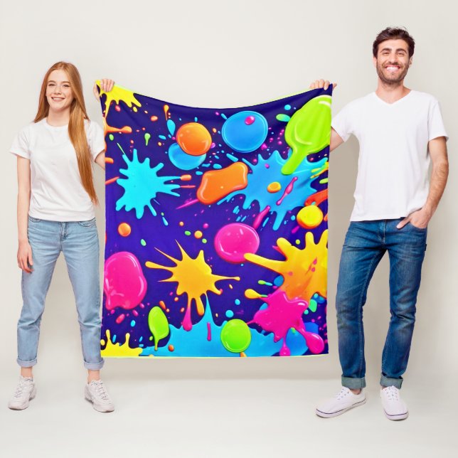 Vibrant Neon Paint Splatter Art Fleece Blanket (In Situ)