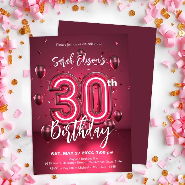 Vibrant Neon Pink 30th Birthday with Balloons Invitation (Creator Uploaded)