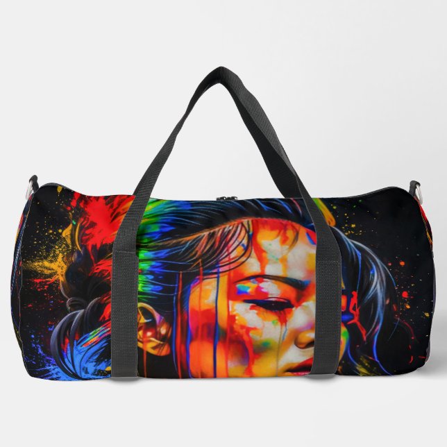 Vibrant Neon Portrait – Abstract Expressionist Art Duffle Bag (Front)