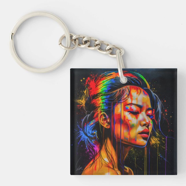 Vibrant Neon Portrait – Abstract Expressionist Art Key Ring (Front)