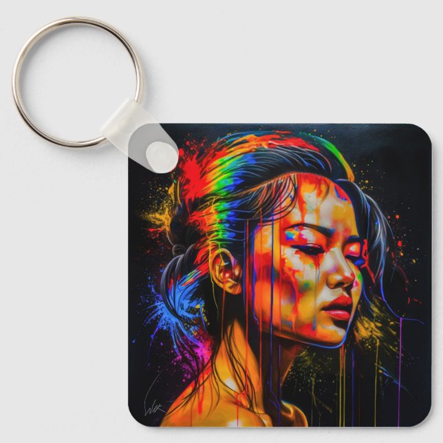 Vibrant Neon Portrait – Abstract Expressionist Art Key Ring (Front)