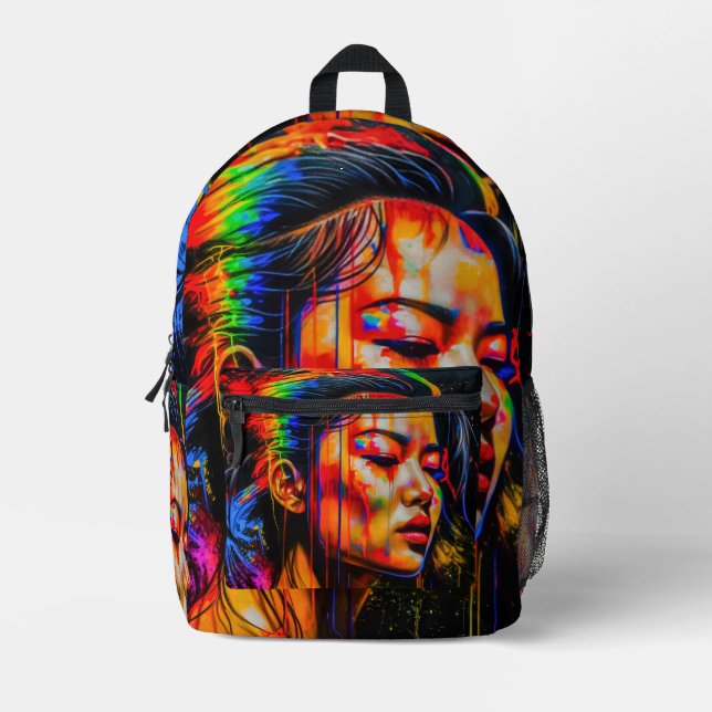 Vibrant Neon Portrait – Abstract Expressionist Art Printed Backpack (Front)