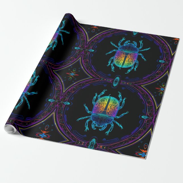  Vibrant Neon Scarab  Wrapping Paper (Unrolled)