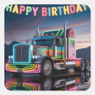 Vibrant Neon Semi-Truck Birthday Illustration Square Sticker