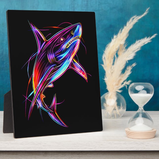 Vibrant Neon Shark Modern Digital Ocean Plaque (Side)