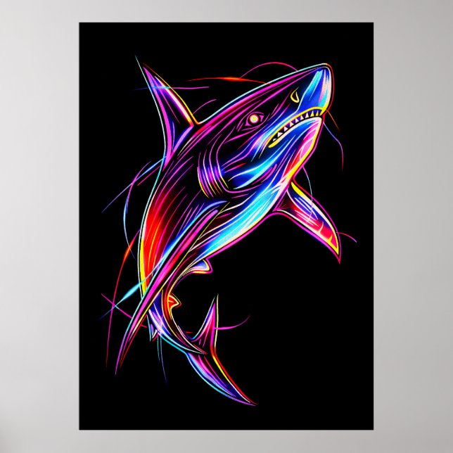 Vibrant Neon Shark Modern Digital Ocean Poster (Front)
