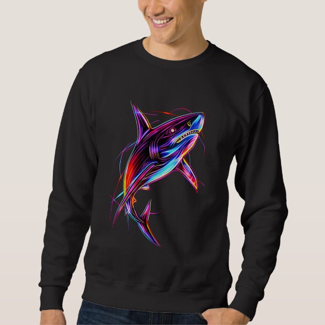 Vibrant Neon Shark Modern Digital Ocean Sweatshirt (Front)