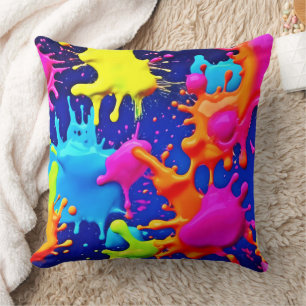 Vibrant Neon Splashes on Dark Canvas Cushion
