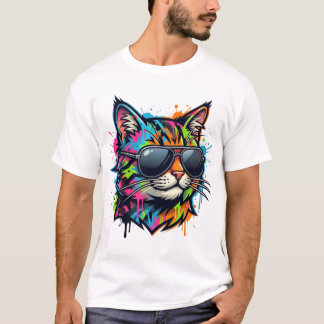 Vibrant Neon Street Art Cat wearing Sunglasses T-Shirt
