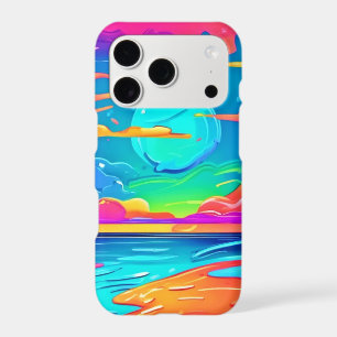 Vibrant Neon Sunset Over Ocean Waves