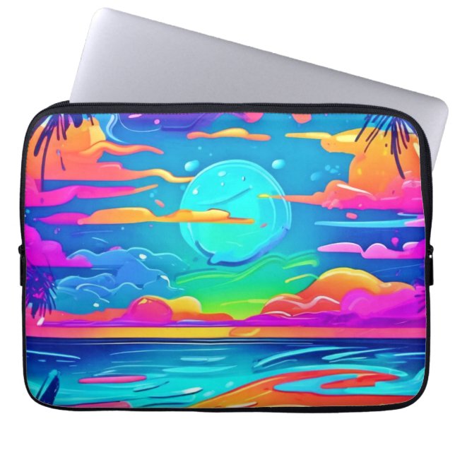 Vibrant Neon Sunset Over Ocean Waves Laptop Sleeve (Front)