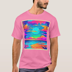 Vibrant Neon Sunset Over Ocean Waves T-Shirt