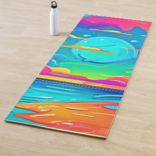 Vibrant Neon Sunset Over Ocean Waves Yoga Mat