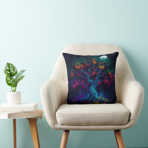 Vibrant Neon Tree Art Cushion