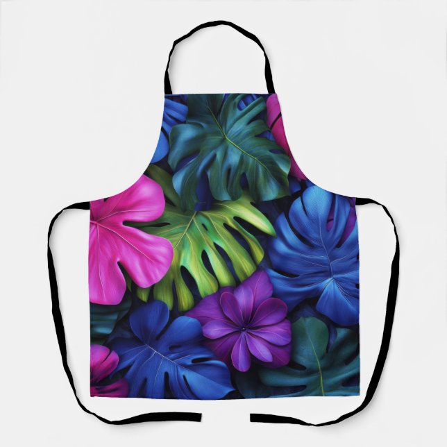 Vibrant Neon Tropical Monstera Leaves Background Apron (Front)