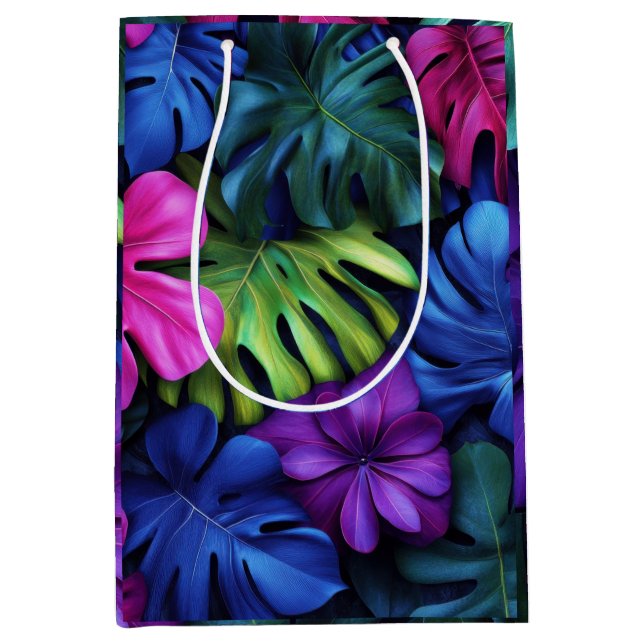 Vibrant Neon Tropical Monstera Leaves Background Medium Gift Bag (Front)