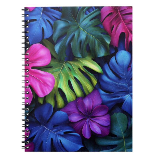 Vibrant Neon Tropical Monstera Leaves Background Notebook (Front)