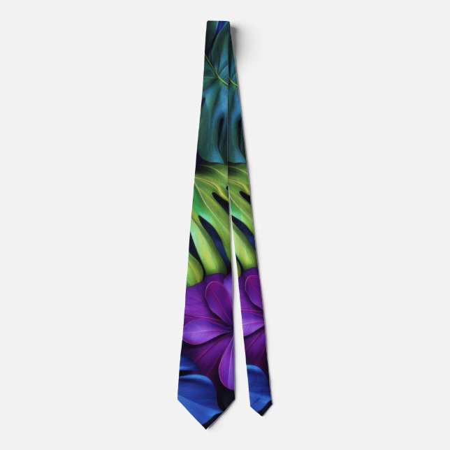 Vibrant Neon Tropical Monstera Leaves Background Tie (Front)