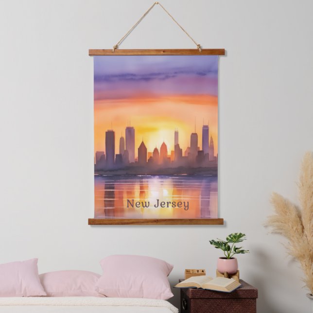 Vibrant New Jersey Watercolor Sunset Art  Hanging Tapestry (Bedroom)