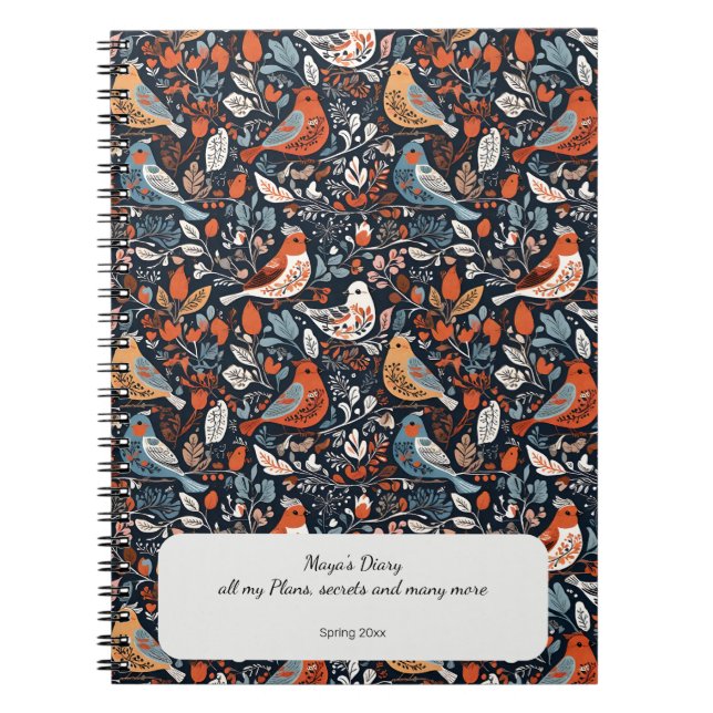 Vibrant Nordic Floral And Bird Pattern Personalise Notebook (Front)