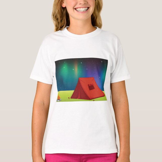 Vibrant Northern Lights Camping Tent Night T-Shirt (Front)