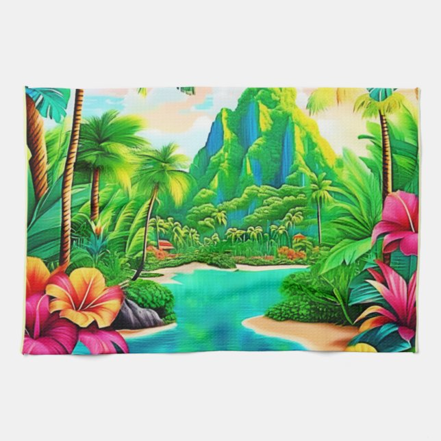 Vibrant Ocean Waves & Palm Trees Art Tea Towel (Horizontal)