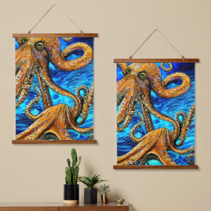 Vibrant Octopus Blue Ocean Wave Minimalism Hanging Tapestry