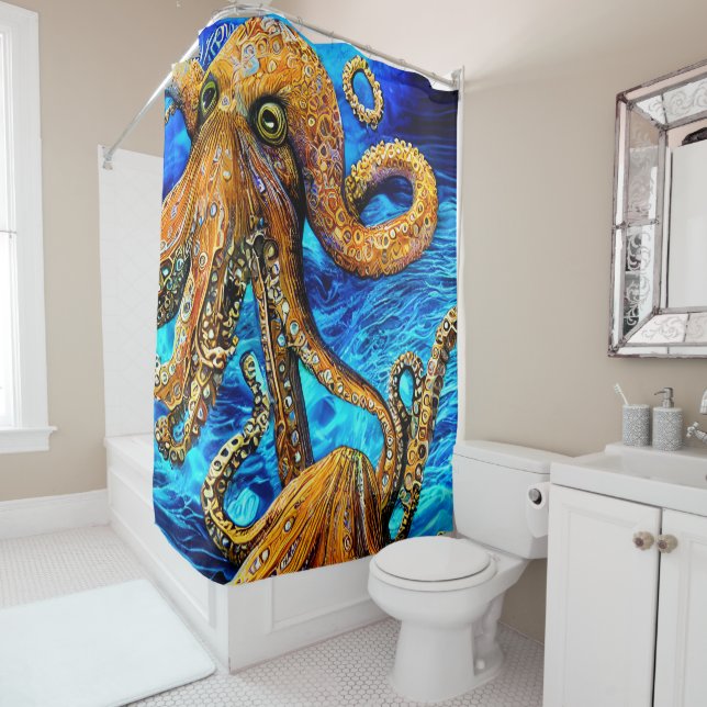 Vibrant Octopus Blue Ocean Wave Minimalism Shower Curtain (In Situ)