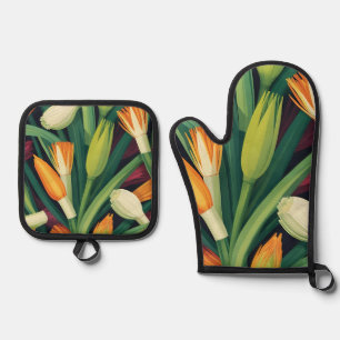 Vibrant Onion Flower Pattern Oven Mitt & Pot Holder Set