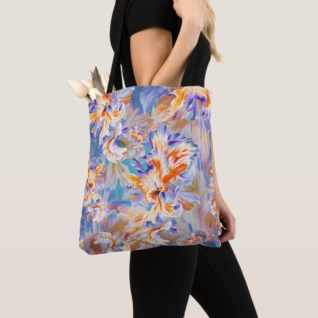 Vibrant Orange and Blue Abstract Floral Pattern Tote Bag (Close Up)