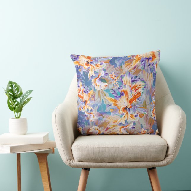 Vibrant Orange and Blue Abstract Floral Pillow (Chair)