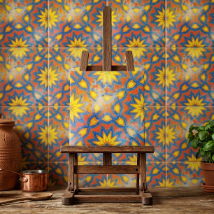 Vibrant Orange and Blue Moroccan Floral Mandala Tile