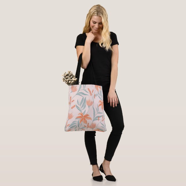 Vibrant Orange and Green Floral Pattern Art Tote Bag (On Model)