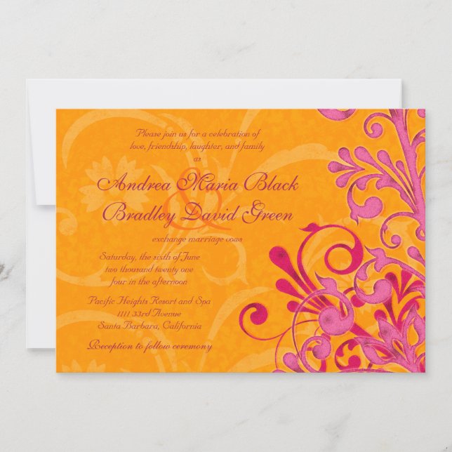 Vibrant Orange and Pink Floral Wedding Invitation (Front)