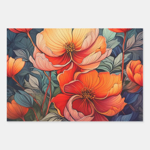 Vibrant orange and red flowers wrapping paper sheet