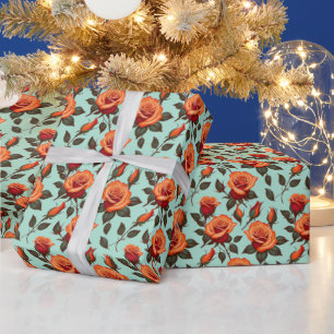 Vibrant Orange And Red Roses In A Seamless Pattern Wrapping Paper