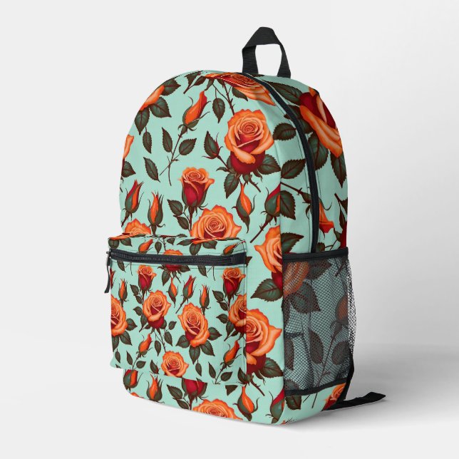 Vibrant Orange And Red Roses Printed Backpack (Back Corner Right)