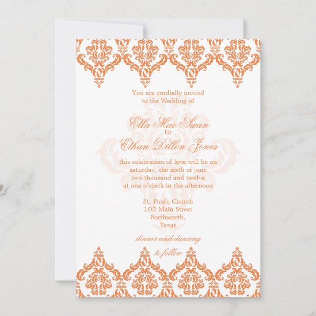 Vibrant Orange and White Damask Wedding invitation (Front)