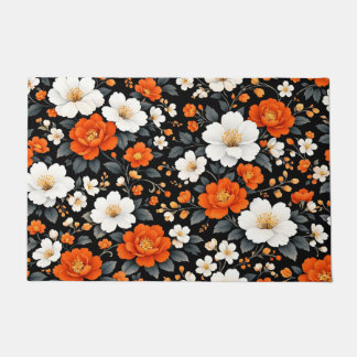 Vibrant Orange and White Flowers on Black Doormat