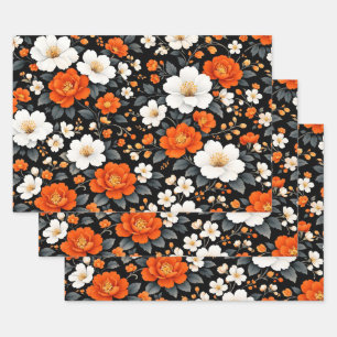Vibrant Orange and White Flowers on Black  Wrapping Paper Sheet