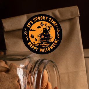 Vibrant Orange Black Haunted House Halloween Classic Round Sticker