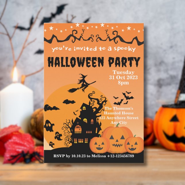 Vibrant Orange Black Haunted House Halloween  Invitation (Creator Uploaded)