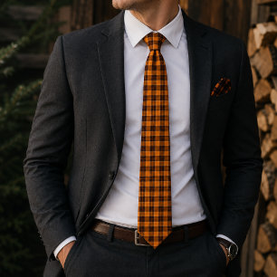 Vibrant Orange Black Plaid Tie