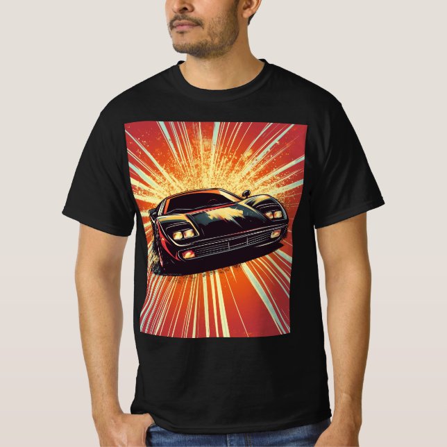 Vibrant Orange Black Sports Car Teen Guys Race Car T-Shirt (Front)
