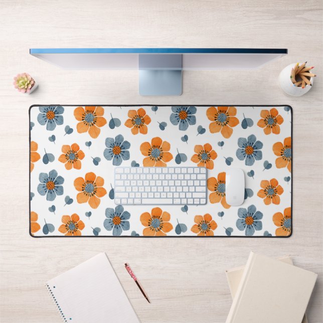 Vibrant Orange Blue Floral Pattern Desk Mat (Office 1)